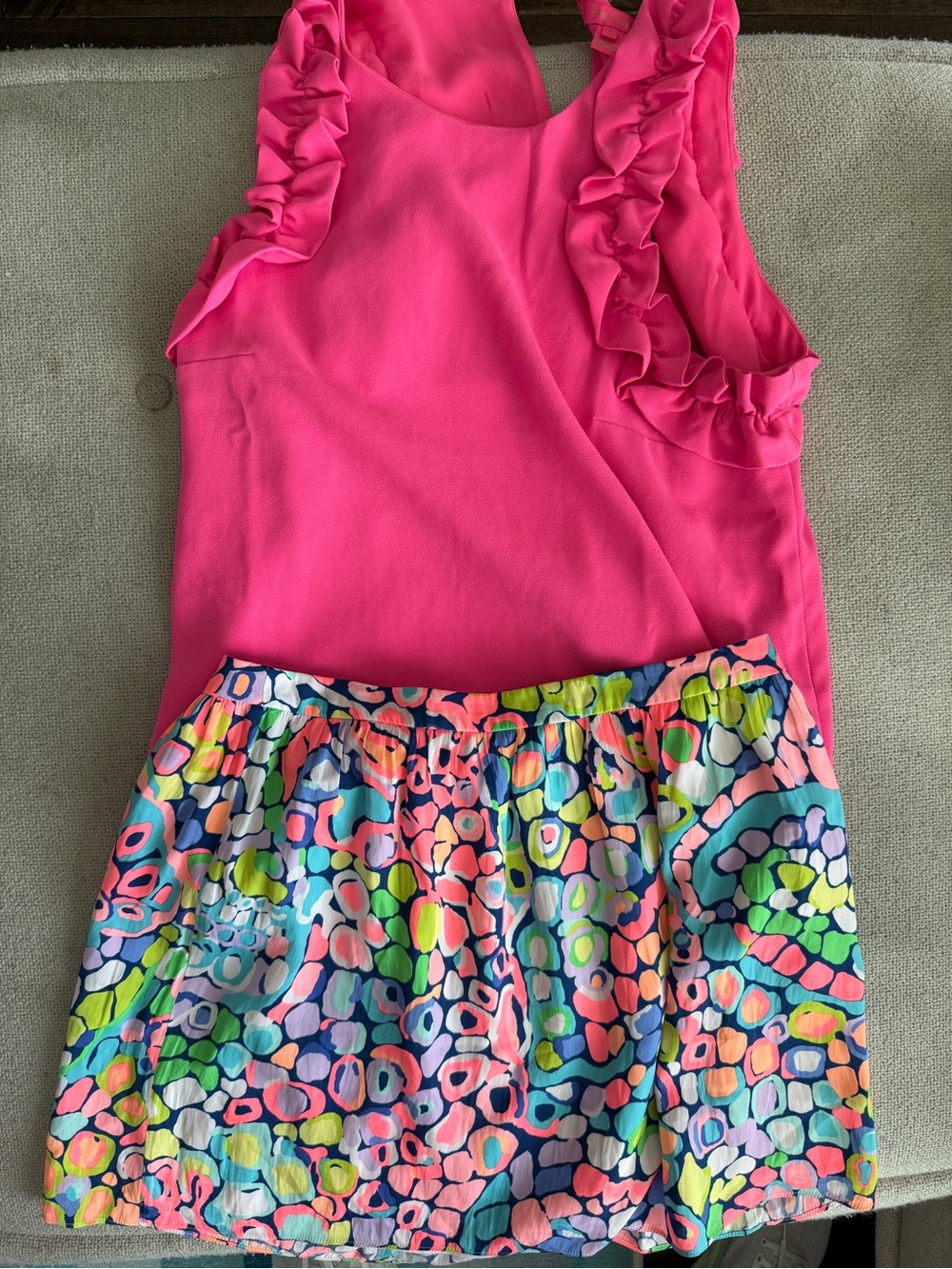 Lilly Pulitzer Hot Pink Ruffle Tank with Multicolor Printed Skirt